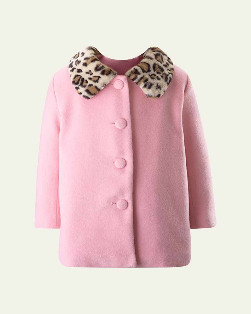 Girl's Faux Fur Leopard Collar Coat, Size 2-10